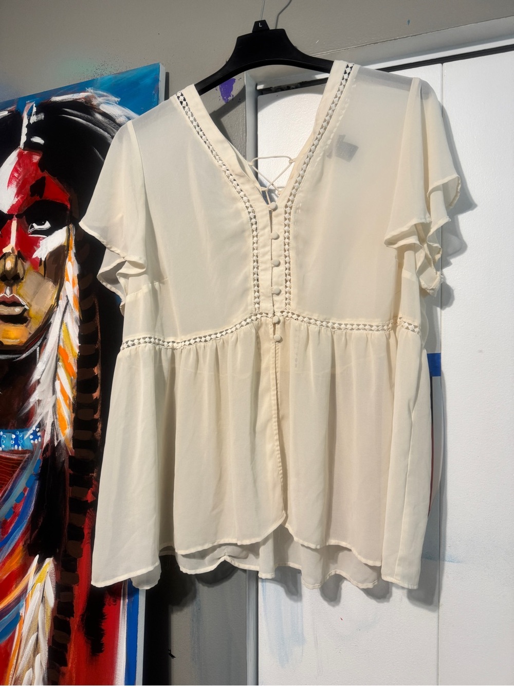 Torrid Ivory Chiffon Lace Trim Button Up Lace Back Peplum Blouse Top Size 3 3X